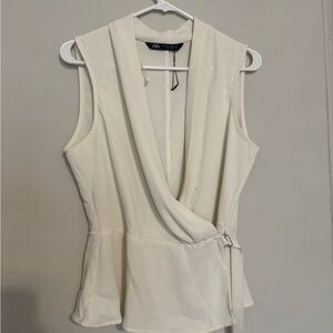 Zara Cream Wrap Tie Front Peplum Blouse